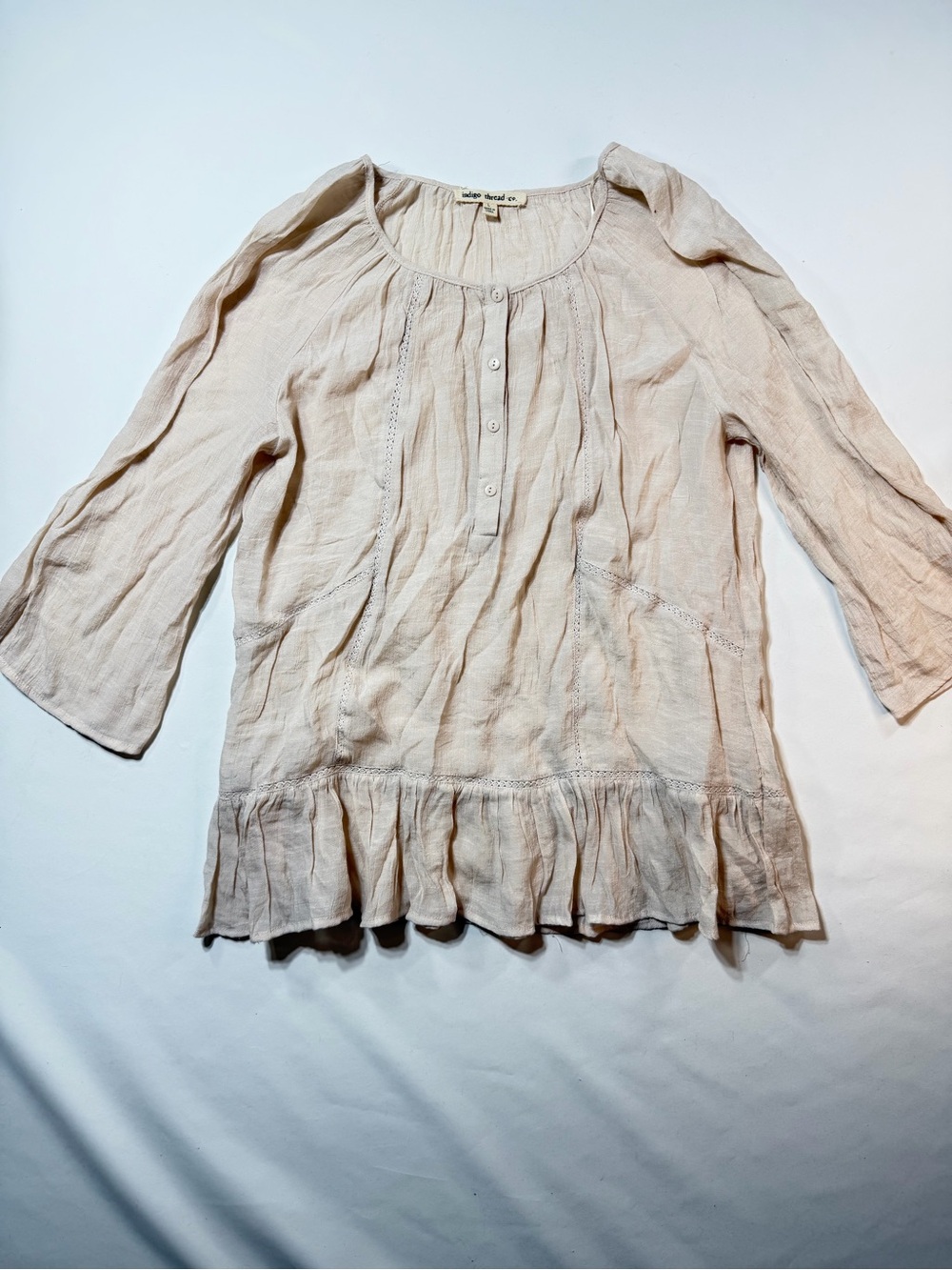 Indigo Thread Co Womens L cream Peasant Tunic Blouse Lace Ruffle Boho Cottage